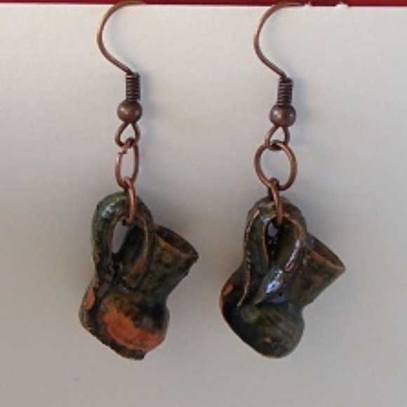 Terracotta Mexico Pottery OoaK Earrings Mini Glazed Handmade Copper Wires Rings - Picture 4 of 14